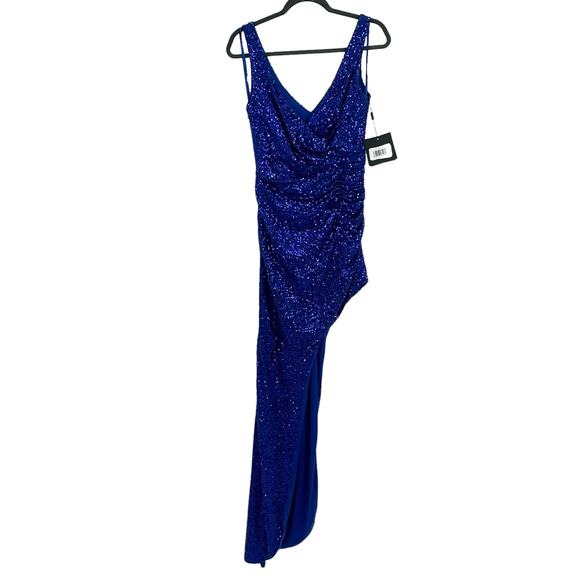 Mac Duggal Sequin Draped Faux Wrap Asymmetrical Hem Gown Cobalt Size 6 NWT - Picture 7 of 12